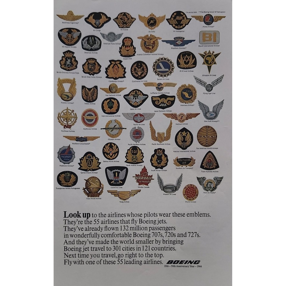 Vintage 1966 Boeing Magazine Ad Airline Pilot Emblems Mid-Century Modern Art